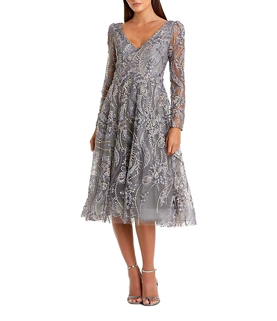 Mac Duggal Floral Embroidered Long Sleeve V Neck Midi Dress