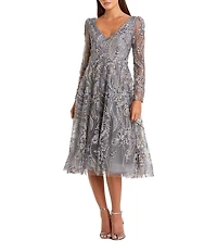 Mac Duggal Floral Embroidered Long Sleeve V Neck Midi Dress