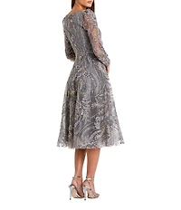 Mac Duggal Floral Embroidered Long Sleeve V Neck Midi Dress