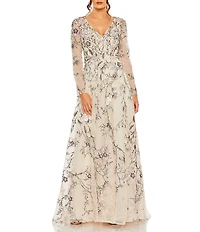 Mac Duggal Floral Embroidered Mesh Overlay V-Neck Illusion Long Sleeve A-Line Gown