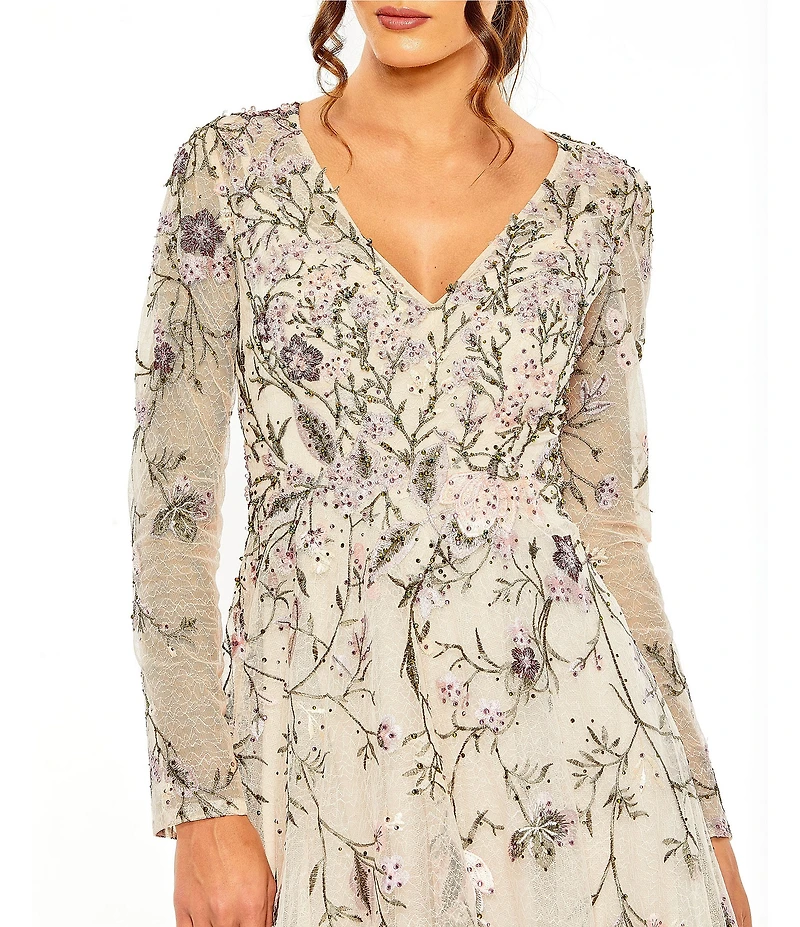 Mac Duggal Floral Embroidered Mesh Overlay V-Neck Illusion Long Sleeve A-Line Gown