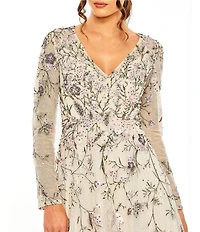 Mac Duggal Floral Embroidered Mesh Overlay V-Neck Illusion Long Sleeve A-Line Gown