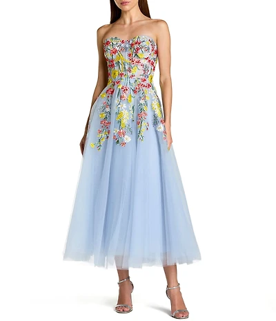 Mac Duggal Floral Embroidered Mesh Strapless A-Line Midi Dress