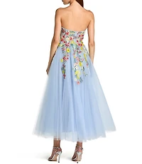 Mac Duggal Floral Embroidered Mesh Strapless A-Line Midi Dress