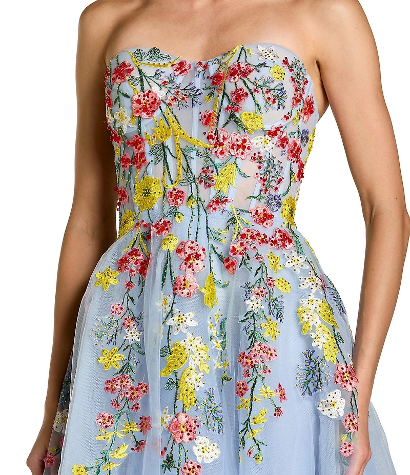 Mac Duggal Floral Embroidered Mesh Strapless A-Line Midi Dress