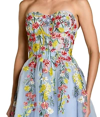 Mac Duggal Floral Embroidered Mesh Strapless A-Line Midi Dress