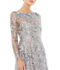 Mac Duggal Floral Embroidered Sequin Illusion Boat Neck Long Sleeve Gown