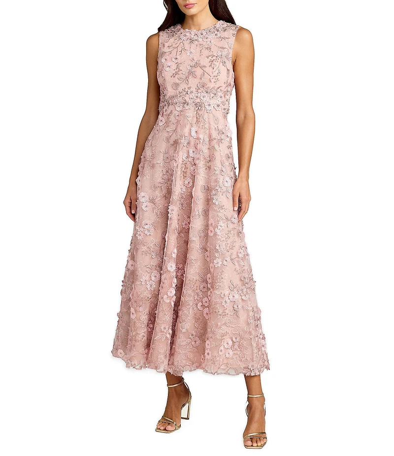 Mac Duggal Floral Embroidered Sleeveless High Neck Midi Dress