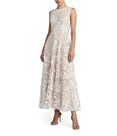 Mac Duggal Floral Embroidered Sleeveless High Neck Midi Dress