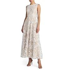 Mac Duggal Floral Embroidered Sleeveless High Neck Midi Dress