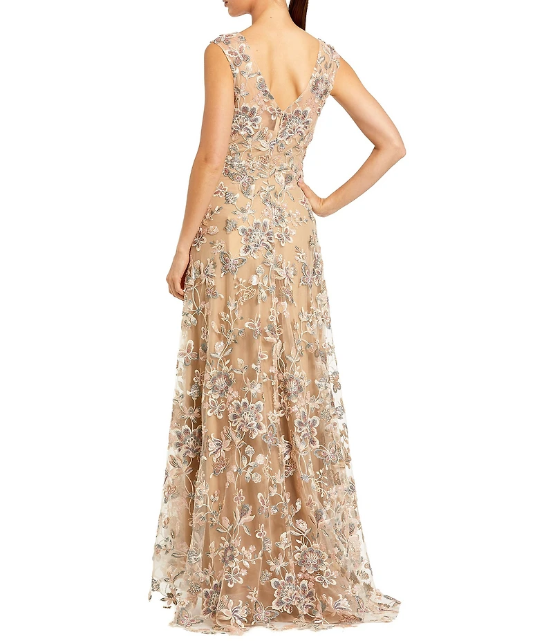Mac Duggal Floral Embroidered Sleeveless V-Neck Long Gown