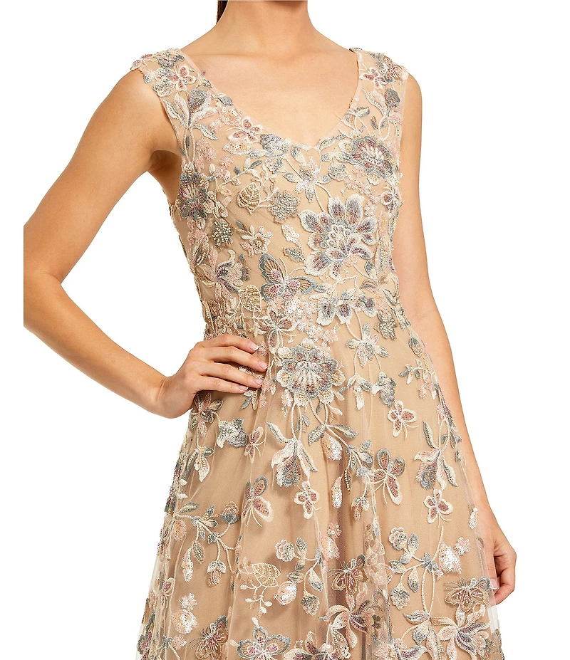 Mac Duggal Floral Embroidered Sleeveless V-Neck Long Gown