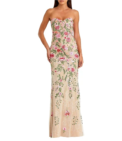 Mac Duggal Floral Embroidered Strapless Bustier Gown