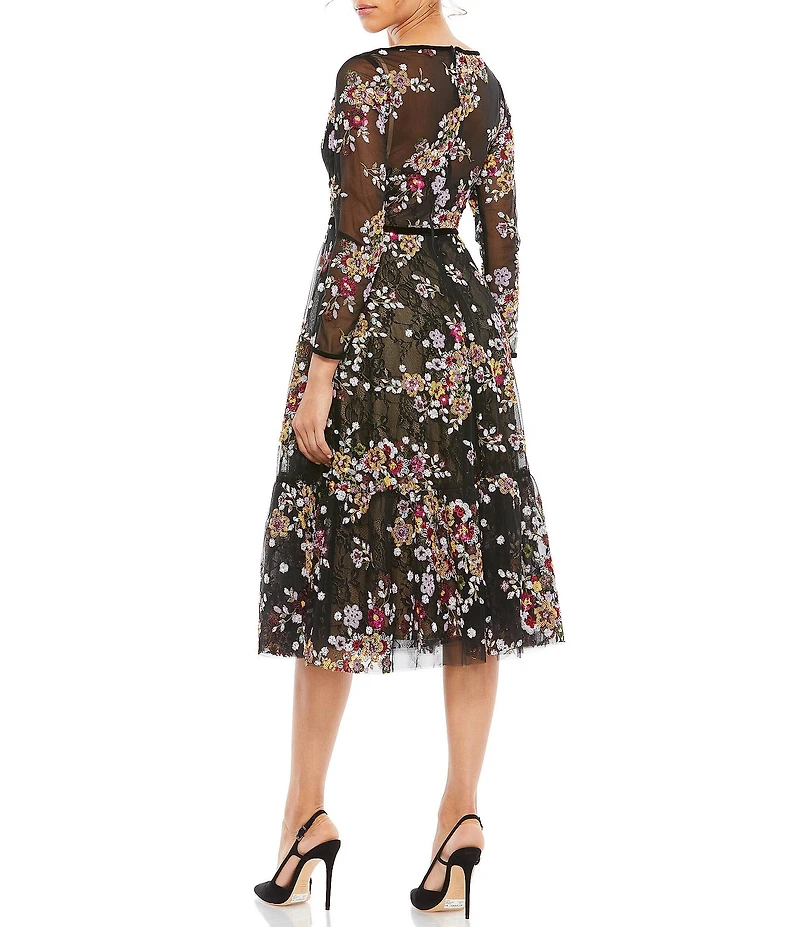 Mac Duggal Floral Embroidered Tea Length Dress
