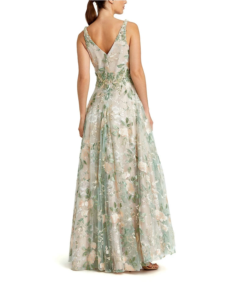 Mac Duggal Floral Embroidered Tulle Illusion V-Neck Gown