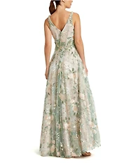 Mac Duggal Floral Embroidered Tulle Illusion V-Neck Gown