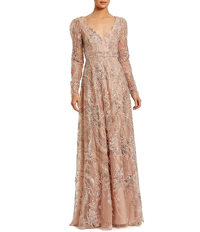 Mac Duggal Floral Embroidered V Neck Long Sleeve Maxi Gown