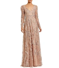Mac Duggal Floral Embroidered V Neck Long Sleeve Maxi Gown