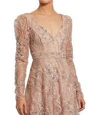 Mac Duggal Floral Embroidered V Neck Long Sleeve Maxi Gown