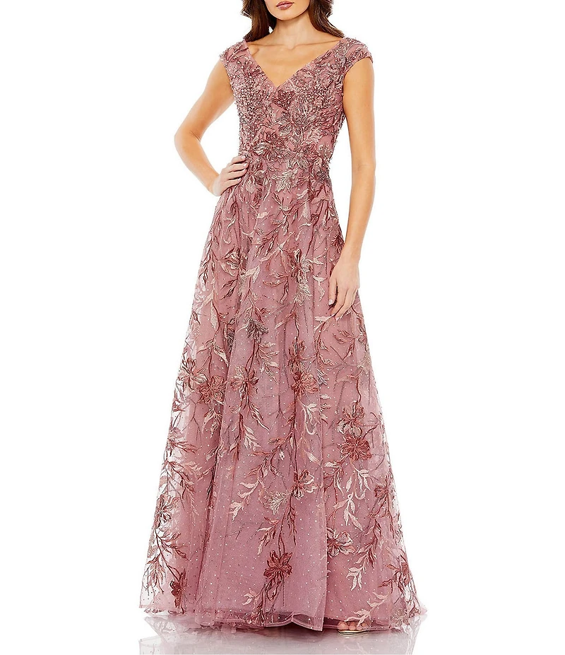 Mac Duggal Floral Embroidered V-Neck Cap Sleeves A-Line Gown