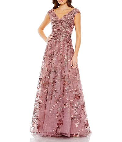 Mac Duggal Floral Embroidered V-Neck Cap Sleeves A-Line Gown