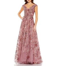 Mac Duggal Floral Embroidered V-Neck Cap Sleeves A-Line Gown