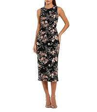 Mac Duggal Floral Embroidered Velvet Crew Neck Sleeveless Midi Dress