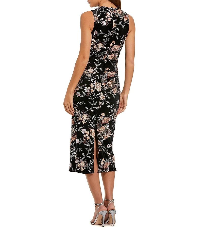 Mac Duggal Floral Embroidered Velvet Crew Neck Sleeveless Midi Dress