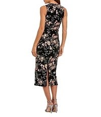 Mac Duggal Floral Embroidered Velvet Crew Neck Sleeveless Midi Dress