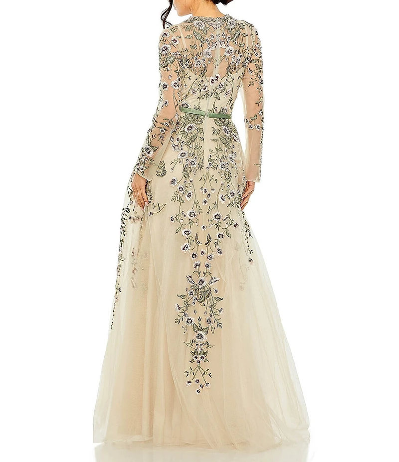 Mac Duggal Floral Embroidery Illusion Crew Neck Long Sleeve Gown