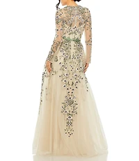 Mac Duggal Floral Embroidery Illusion Crew Neck Long Sleeve Gown