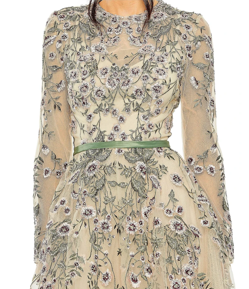 Mac Duggal Floral Embroidery Illusion Crew Neck Long Sleeve Gown