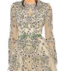 Mac Duggal Floral Embroidery Illusion Crew Neck Long Sleeve Gown