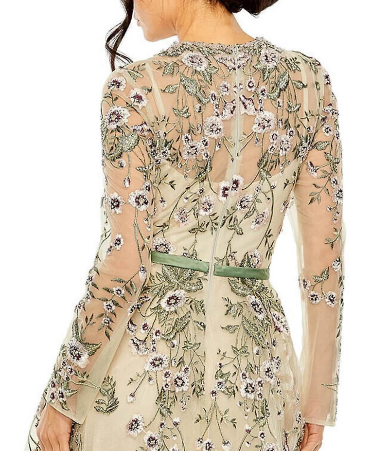Mac Duggal Floral Embroidery Illusion Crew Neck Long Sleeve Gown