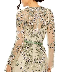 Mac Duggal Floral Embroidery Illusion Crew Neck Long Sleeve Gown