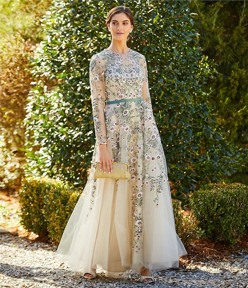 Mac Duggal Floral Embroidery Illusion Crew Neck Long Sleeve Gown