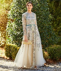 Mac Duggal Floral Embroidery Illusion Crew Neck Long Sleeve Gown