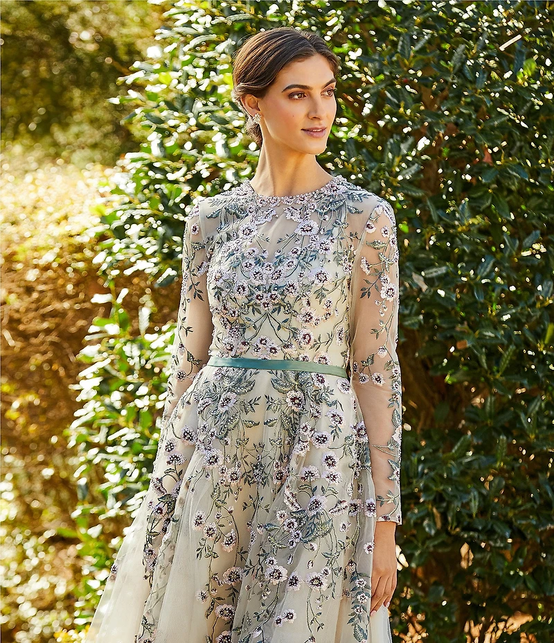 Mac Duggal Floral Embroidery Illusion Crew Neck Long Sleeve Gown