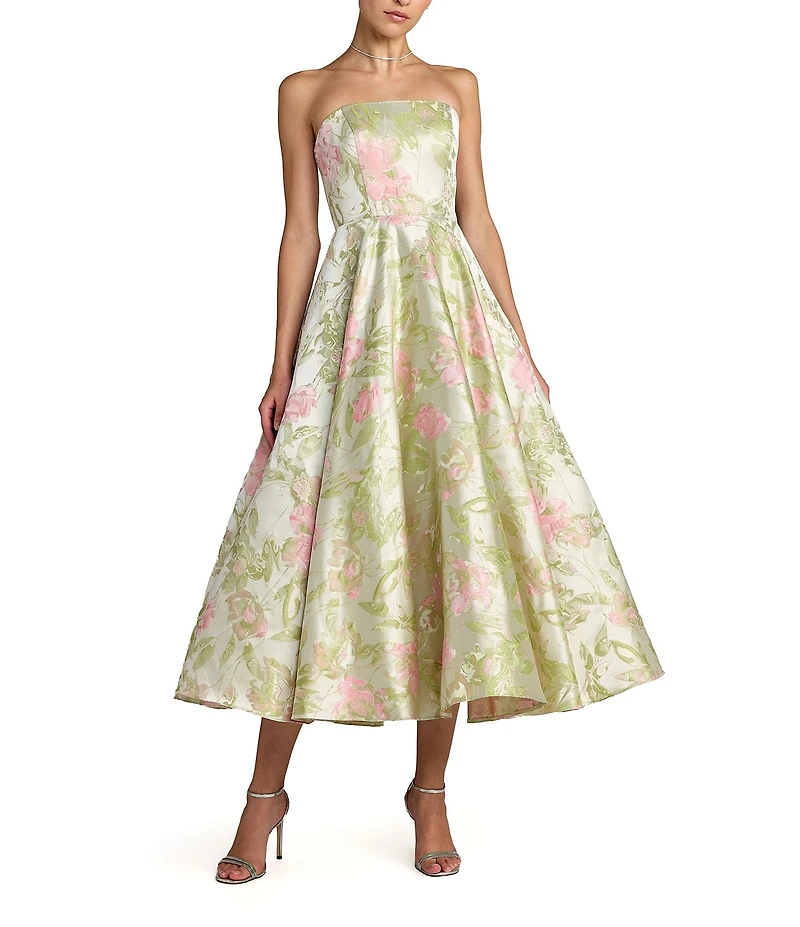 Mac Duggal Floral Jacquard Strapless A-Line Midi Dress