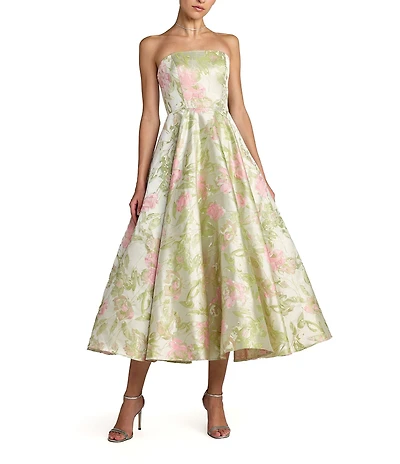 Mac Duggal Floral Jacquard Strapless A-Line Midi Dress