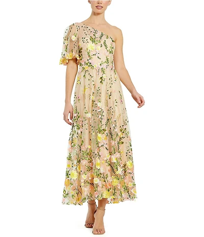 Mac Duggal Floral Lace Embroidered One Shoulder Short Sleeve Midi Dress
