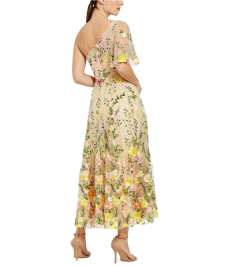 Mac Duggal Floral Lace Embroidered One Shoulder Short Sleeve Midi Dress