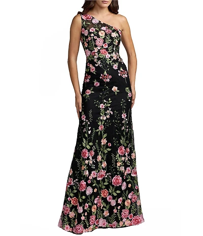 Mac Duggal Floral Lace Embroidered One Shoulder Sleeveless Gown