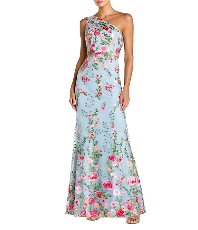 Mac Duggal Floral Lace Embroidered One Shoulder Sleeveless Gown