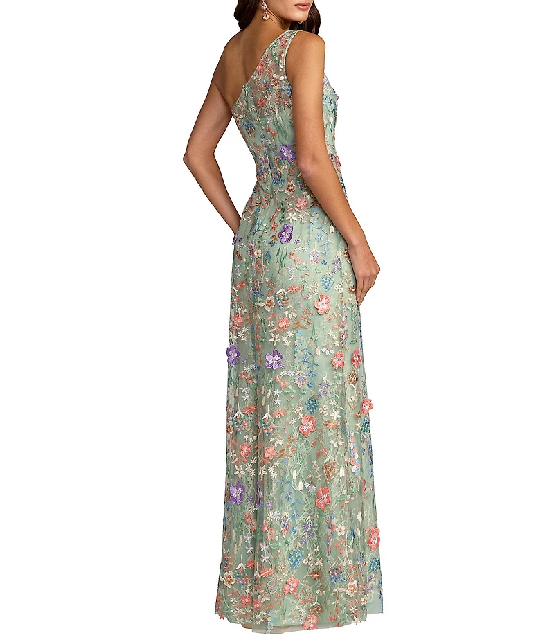 Mac Duggal Floral Lace Embroidered One Shoulder Sleeveless Gown