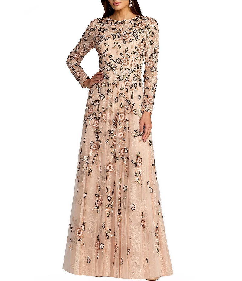 Mac Duggal Floral Lace Long Sleeve Gown