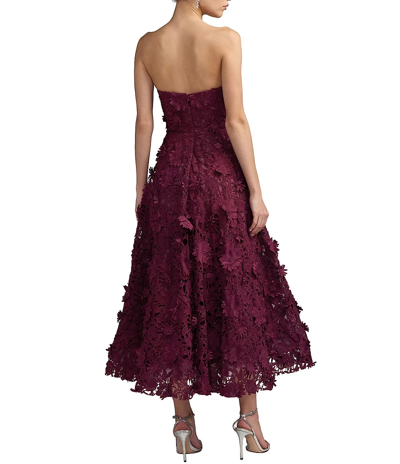 Mac Duggal Floral Lace Strapless A Line Midi Dress
