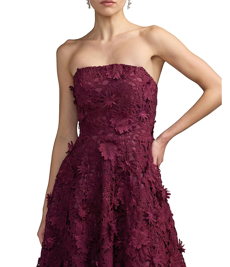 Mac Duggal Floral Lace Strapless A Line Midi Dress
