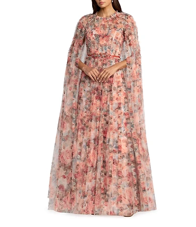 Mac Duggal Floral Mesh Cape Sleeve Ruffle Gown