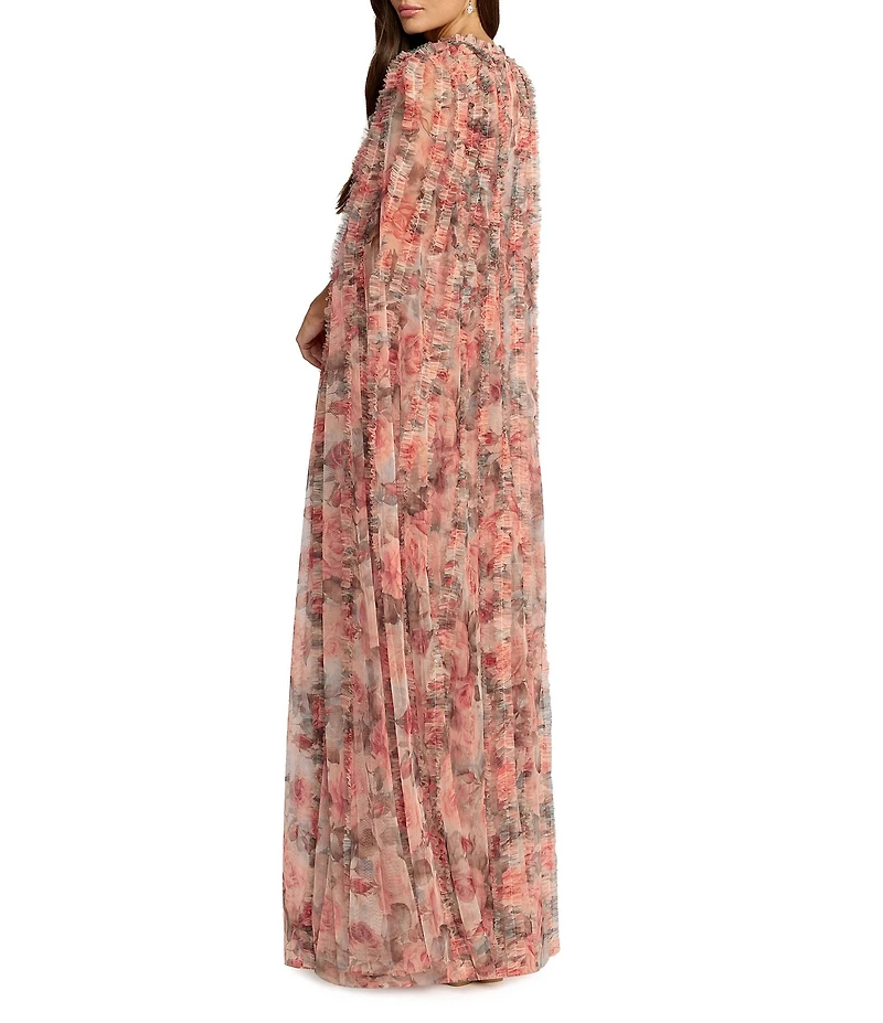 Mac Duggal Floral Mesh Cape Sleeve Ruffle Gown